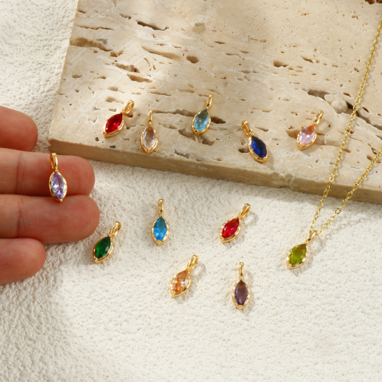 Picture of Eco-friendly Brass & Rhinestone Birthstone Charms 18K Real Gold Plated Marquise 15mm x 5.5mm