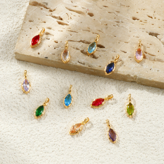 Picture of Eco-friendly Brass & Rhinestone Birthstone Charms 18K Real Gold Plated Marquise 15mm x 5.5mm