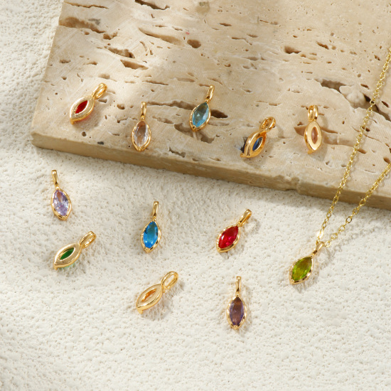 Picture of Eco-friendly Brass & Rhinestone Birthstone Charms 18K Real Gold Plated Marquise 15mm x 5.5mm