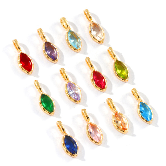 Picture of Eco-friendly Brass & Rhinestone Birthstone Charms 18K Real Gold Plated Marquise 15mm x 5.5mm