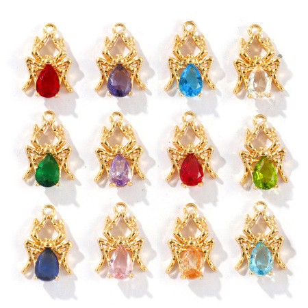 Picture of Eco-friendly Brass & Rhinestone Birthstone Charms 18K Real Gold Plated Halloween Spider Animal 16mm x 11mm