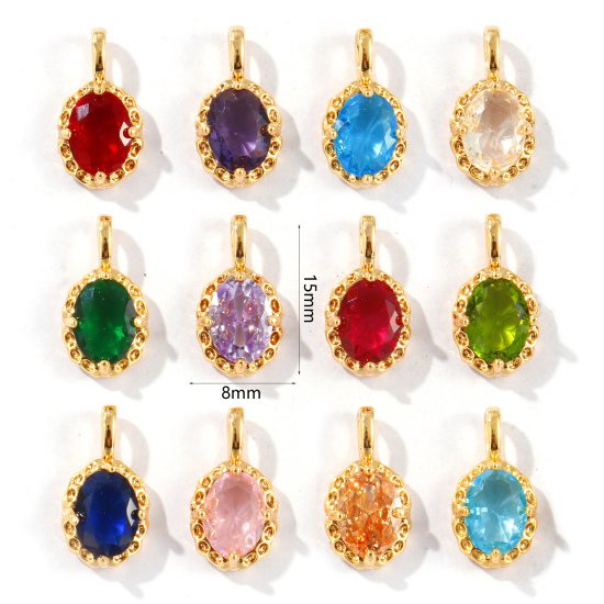 Image de 2 Pcs Breloques Pierres de Naissance Respectueux de la Nature en Laiton & Strass Plaqué Or Véritable 18K Ovale 15mm x 8mm