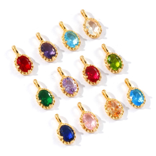 Image de 2 Pcs Breloques Pierres de Naissance Respectueux de la Nature en Laiton & Strass Plaqué Or Véritable 18K Ovale 15mm x 8mm