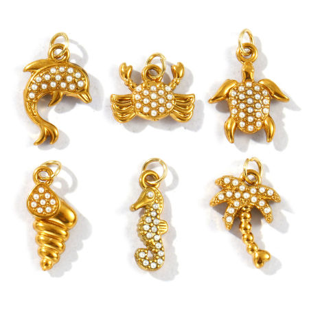 Image de 2 Pcs Breloques en 304 Acier Inoxydable Revêtement sous Vide PVD Respectueux de l'Environnement Bijoux d'Océan Plaqué Or 18K Perle Imitation Acrylique