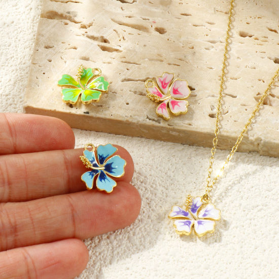 Imagen de 2 Unidades Latón Colección Flora Colgantes Chapado en Oro de 18K Esmalte Flor 16mm x 15mm