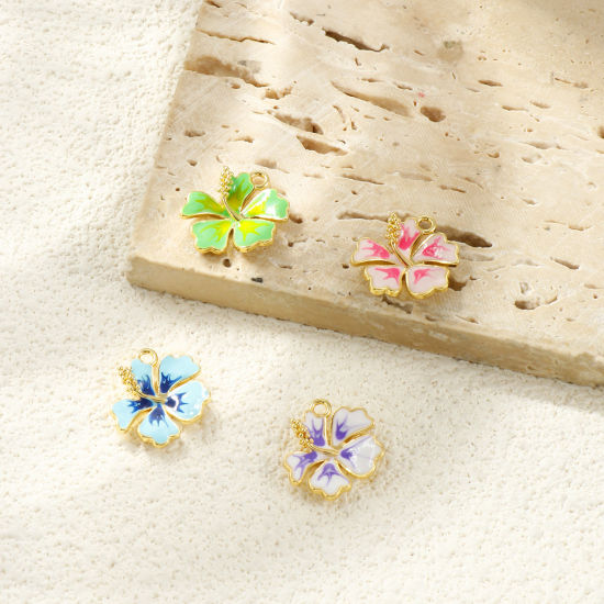 Imagen de 2 Unidades Latón Colección Flora Colgantes Chapado en Oro de 18K Esmalte Flor 16mm x 15mm