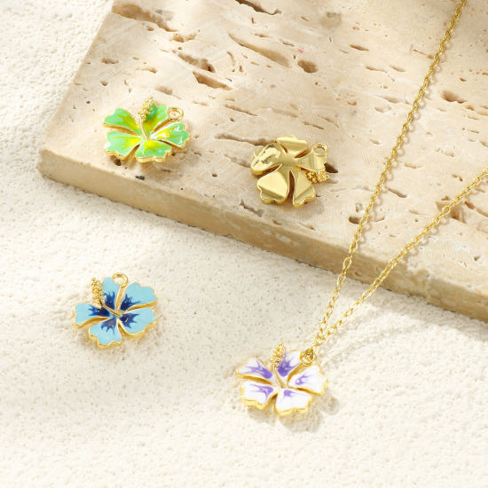 Imagen de 2 Unidades Latón Colección Flora Colgantes Chapado en Oro de 18K Esmalte Flor 16mm x 15mm