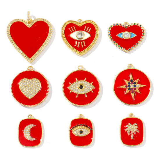 Bild von Messing Charms 18K Vergoldet Rot Emaille Herz Auge