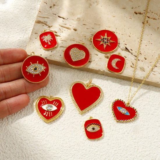 Bild von Messing Charms 18K Vergoldet Rot Emaille Herz Auge