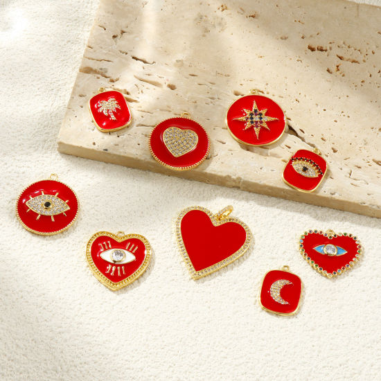 Bild von Messing Charms 18K Vergoldet Rot Emaille Herz Auge