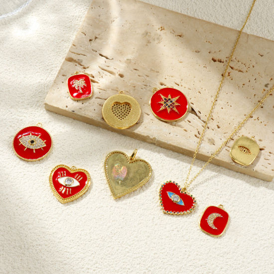 Bild von Messing Charms 18K Vergoldet Rot Emaille Herz Auge