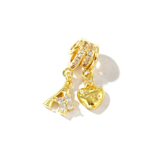 1 個 真鍮 キャピタルレター チャーム 18Kゴールドメッキ ハート 文字「 A-Z 」 クリア ジルコン の画像