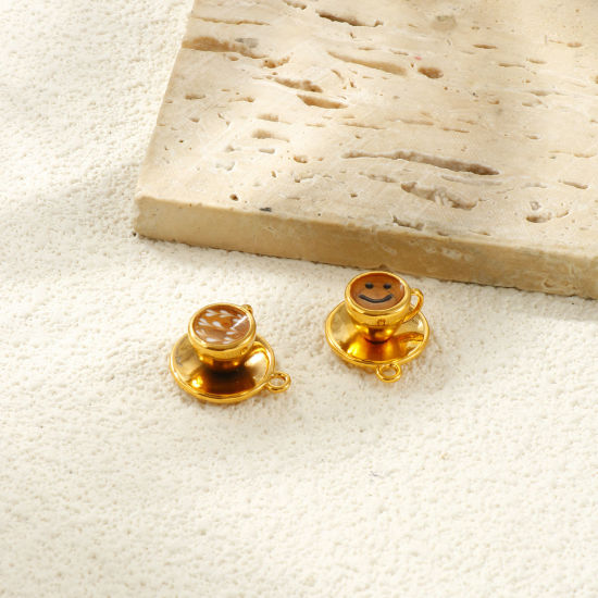 1 個 エコフレンドリー PVD真空メッキ 防水 耐変色性の 低アレルギー性の 304ステンレス鋼 チャーム 18Kリアルゴールドメッキ エナメル カップ 光沢ある 18mm x 15mm、 の画像