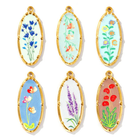 Bild von Umweltfreundliche PVD-Vakuumbeschichtung, wasserdicht, anlaufgeschützt und hypoallergen 304 Edelstahl Anhänger 18K Echtgold plattiert Bunt Oval Blumen Gedruckt 3.4cm x 1.4cm
