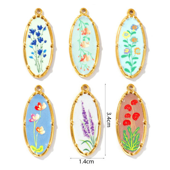 Bild von Umweltfreundliche PVD-Vakuumbeschichtung, wasserdicht, anlaufgeschützt und hypoallergen 304 Edelstahl Anhänger 18K Echtgold plattiert Bunt Oval Blumen Gedruckt 3.4cm x 1.4cm