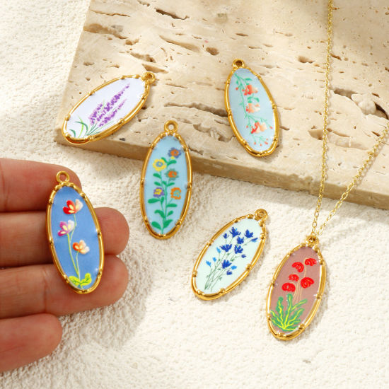Bild von Umweltfreundliche PVD-Vakuumbeschichtung, wasserdicht, anlaufgeschützt und hypoallergen 304 Edelstahl Anhänger 18K Echtgold plattiert Bunt Oval Blumen Gedruckt 3.4cm x 1.4cm