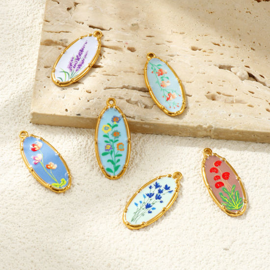 Bild von Umweltfreundliche PVD-Vakuumbeschichtung, wasserdicht, anlaufgeschützt und hypoallergen 304 Edelstahl Anhänger 18K Echtgold plattiert Bunt Oval Blumen Gedruckt 3.4cm x 1.4cm
