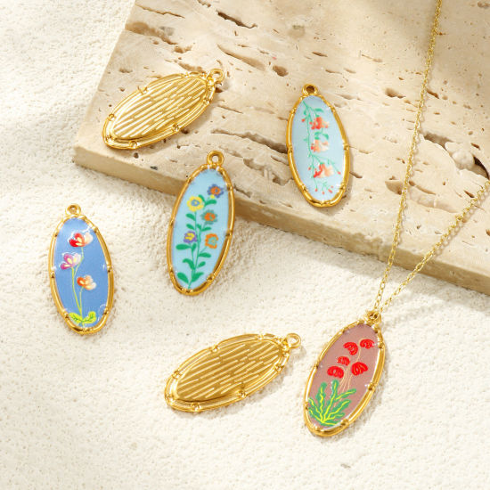 Bild von Umweltfreundliche PVD-Vakuumbeschichtung, wasserdicht, anlaufgeschützt und hypoallergen 304 Edelstahl Anhänger 18K Echtgold plattiert Bunt Oval Blumen Gedruckt 3.4cm x 1.4cm