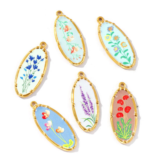 Bild von Umweltfreundliche PVD-Vakuumbeschichtung, wasserdicht, anlaufgeschützt und hypoallergen 304 Edelstahl Anhänger 18K Echtgold plattiert Bunt Oval Blumen Gedruckt 3.4cm x 1.4cm