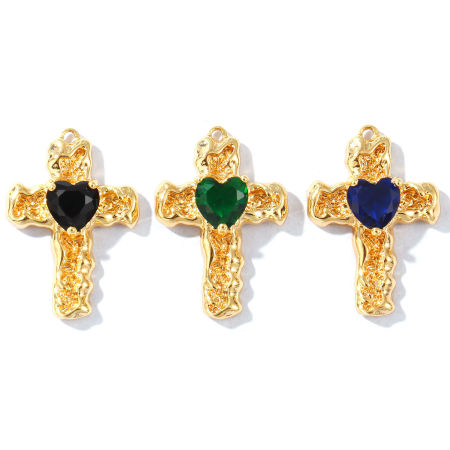 Image de 2 Pcs Breloques Respectueux de la Nature en Laiton Plaqué Or Véritable 18K Croix Cœur à Strass Coloré 25.5mm x 18mm