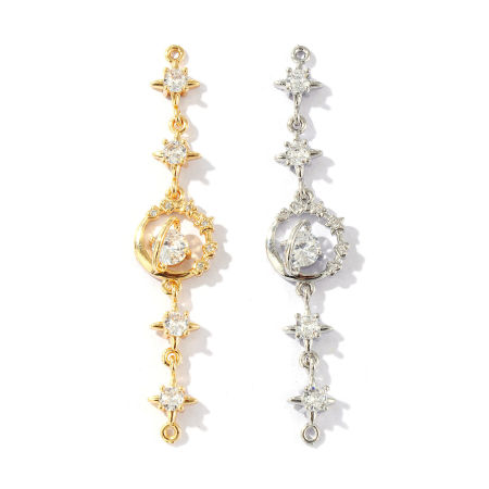 Picture of Eco-friendly Brass Galaxy Connectors Charms Pendants Real Gold Plated Planet Clear Cubic Zirconia 6.7cm x 1.4cm