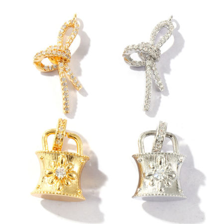 Image de 2 Pcs Breloques Respectueux de la Nature en Laiton Plaqué Or Véritable Nœuds Papillon Panier de Fleurs à Zircone Cubique Clair