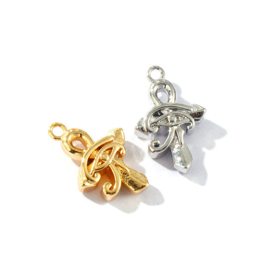 Image de 2 Pcs Breloques Respectueux de la Nature en Laiton Plaqué Or Véritable Ankh Egyptienne Croix L'oeil d'Horus 18mm x 12mm