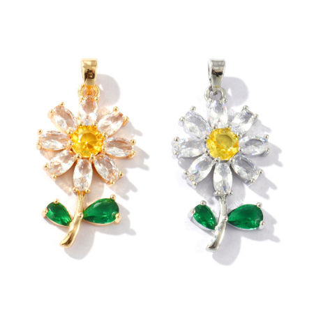 Image de 2 Pcs Pendentifs Respectueux de la Nature en Laiton Plaqué Or Véritable Marguerite à Strass Coloré 3.2cm x 1.6cm