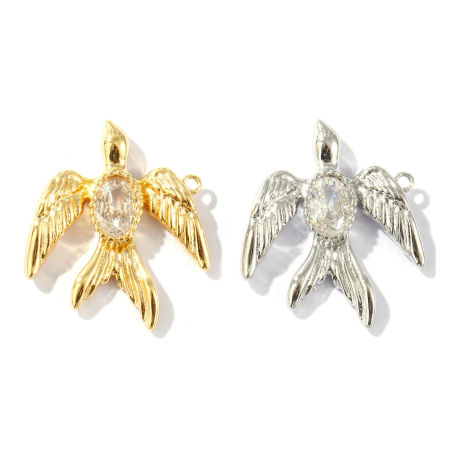 Image de 2 Pcs Breloques Respectueux de la Nature en Laiton Plaqué Or Véritable Hirondelle à Zircone Cubique Clair 21mm x 18mm