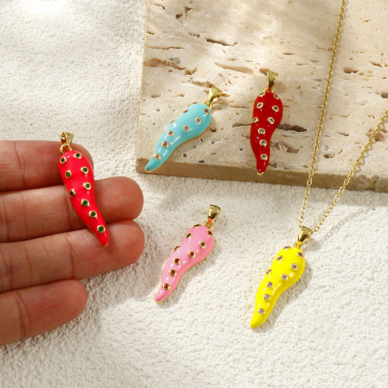 Bild von Umweltfreundlich Messing und Strass Charms 18K Echtgold plattiert Emaille Cornicello Italienisches Horn Chili Micro Pave Transparent Strassstein