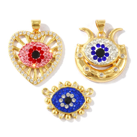 Image de 1 Pièce Breloques Religieux Respectueux de la Nature en Laiton & Strass Plaqué Or Véritable 18K Mauvais Œil Micro Pave