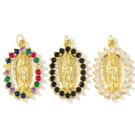 Immagine di 1 Pz Ecologico Ottone & Strass Religione Ciondoli Pendenti 18K Vero Oro Placcato Ovale Vergine Maria Micro Spianare 3.1cm x 1.8cm