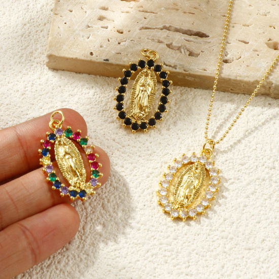 Immagine di 1 Pz Ecologico Ottone & Strass Religione Ciondoli Pendenti 18K Vero Oro Placcato Ovale Vergine Maria Micro Spianare 3.1cm x 1.8cm