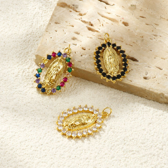 Immagine di 1 Pz Ecologico Ottone & Strass Religione Ciondoli Pendenti 18K Vero Oro Placcato Ovale Vergine Maria Micro Spianare 3.1cm x 1.8cm