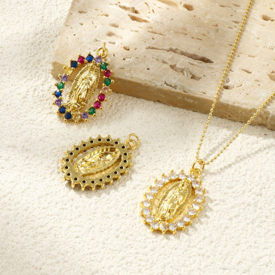 Immagine di 1 Pz Ecologico Ottone & Strass Religione Ciondoli Pendenti 18K Vero Oro Placcato Ovale Vergine Maria Micro Spianare 3.1cm x 1.8cm