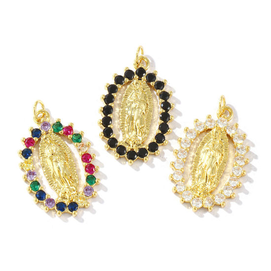 Immagine di 1 Pz Ecologico Ottone & Strass Religione Ciondoli Pendenti 18K Vero Oro Placcato Ovale Vergine Maria Micro Spianare 3.1cm x 1.8cm