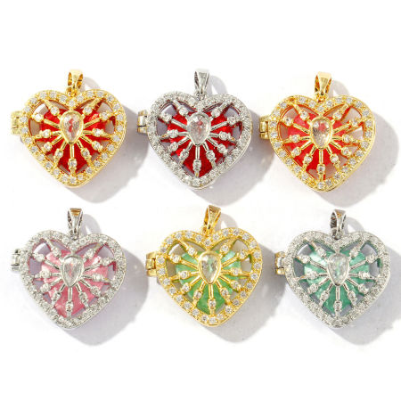 Image de 1 Pièce Breloques La Saint Valentin en Laiton & Acrylique Multicolore Cœur Pouvoir Ouvrir à Zircone Cubique Clair 22mm x 20mm