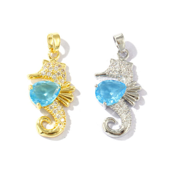 Bild von Umweltfreundlich Messing Ozean Schmuck Anhänger Echtgold plattiert Seepferdchen Micro Pave Blau Strassstein 3cm x 1.4cm
