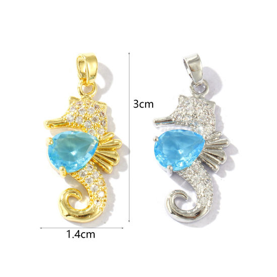 Bild von Umweltfreundlich Messing Ozean Schmuck Anhänger Echtgold plattiert Seepferdchen Micro Pave Blau Strassstein 3cm x 1.4cm