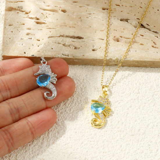 Bild von Umweltfreundlich Messing Ozean Schmuck Anhänger Echtgold plattiert Seepferdchen Micro Pave Blau Strassstein 3cm x 1.4cm