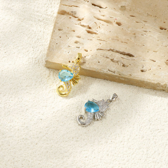 Bild von Umweltfreundlich Messing Ozean Schmuck Anhänger Echtgold plattiert Seepferdchen Micro Pave Blau Strassstein 3cm x 1.4cm
