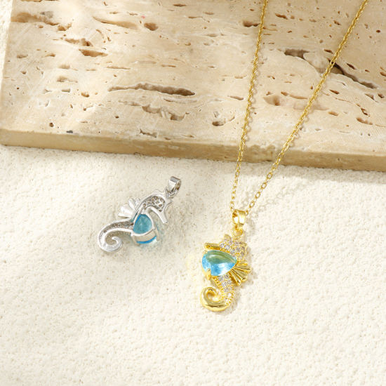 Bild von Umweltfreundlich Messing Ozean Schmuck Anhänger Echtgold plattiert Seepferdchen Micro Pave Blau Strassstein 3cm x 1.4cm