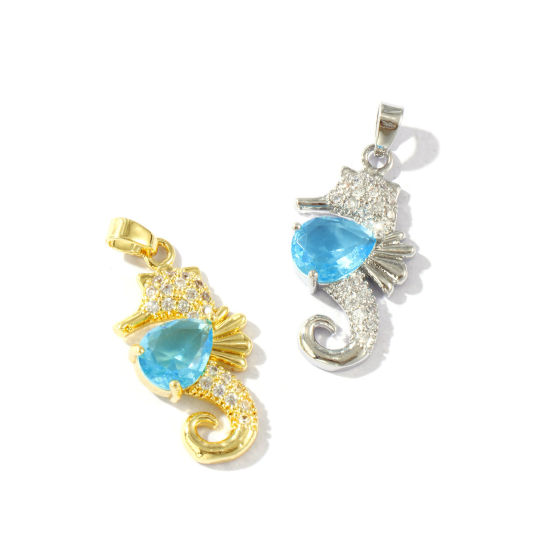 Bild von Umweltfreundlich Messing Ozean Schmuck Anhänger Echtgold plattiert Seepferdchen Micro Pave Blau Strassstein 3cm x 1.4cm
