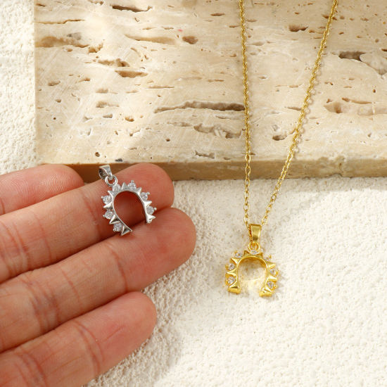 Picture of Eco-friendly Brass West Cowboy Charm Pendant Real Gold Plated Luck Horseshoe Micro Pave Clear Rhinestone 19mm x 13mm