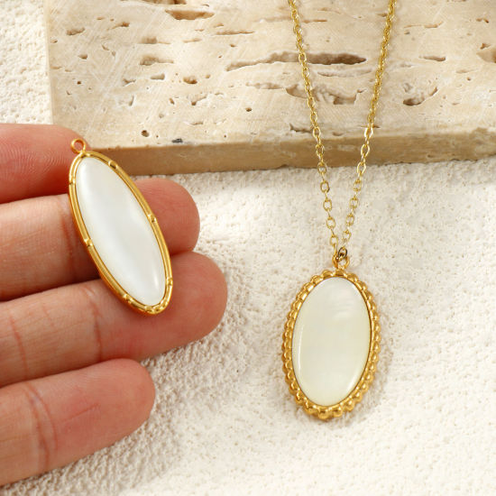 Picture of Eco-friendly PVD Vacuum Plating Waterproof Anti-Tarnish Hypoallergenic 304 Stainless Steel & Natural Shell Charms 18K Real Gold Plated Oval