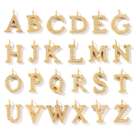 Bild von 2 Stück Umweltfreundliche PVD-Vakuumbeschichtung 316 Edelstahl Großbuchstaben Charms 18K Vergoldet Message " A-Z " Micro Pave Transparent Strass