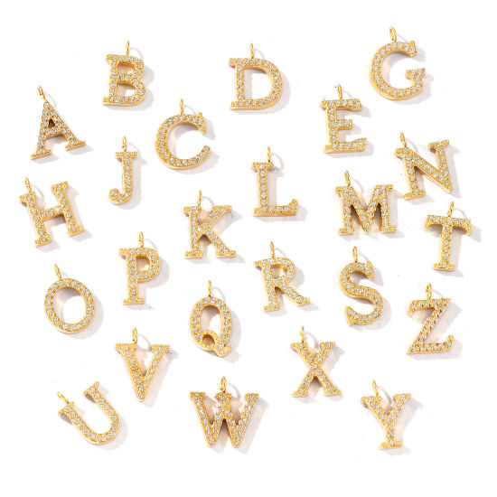 2 個 エコフレンドリー PVD真空メッキ 316ステンレス鋼 キャピタルレター チャーム 18Kゴールドメッキ 文字「 A-Z 」 マイクロパヴェ 透明 ラインストーン の画像