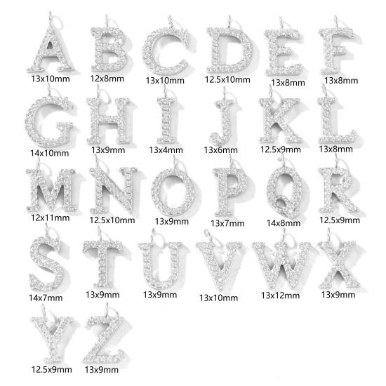2 個 エコフレンドリー 304ステンレス鋼 キャピタルレター チャーム シルバートーン 文字「 A-Z 」 マイクロパヴェ 透明 ラインストーン の画像