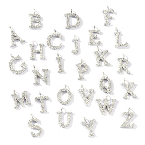 2 個 エコフレンドリー 304ステンレス鋼 キャピタルレター チャーム シルバートーン 文字「 A-Z 」 マイクロパヴェ 透明 ラインストーン の画像