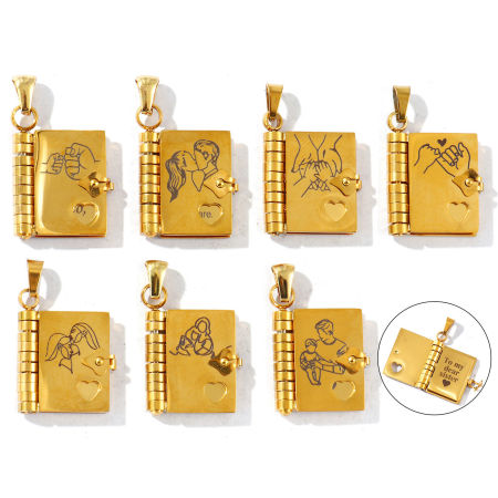Picture of Eco-friendly PVD Vacuum Plating 304 Stainless Steel Family Jewelry Pendants 18K Gold Plated Unique Openable Flip Page Book Mirror Polishing 3cm x 1.8cm